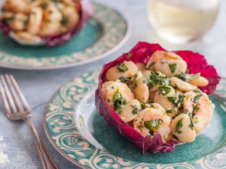 Fava Bean and Grilled Shrimp Salad in Radicchio Cups