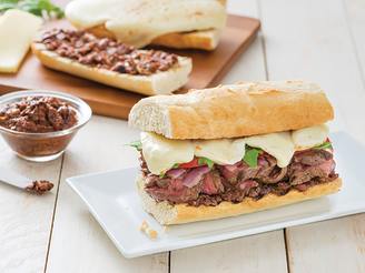 Grilled Pepper Steak and Mozzarella on Baguette