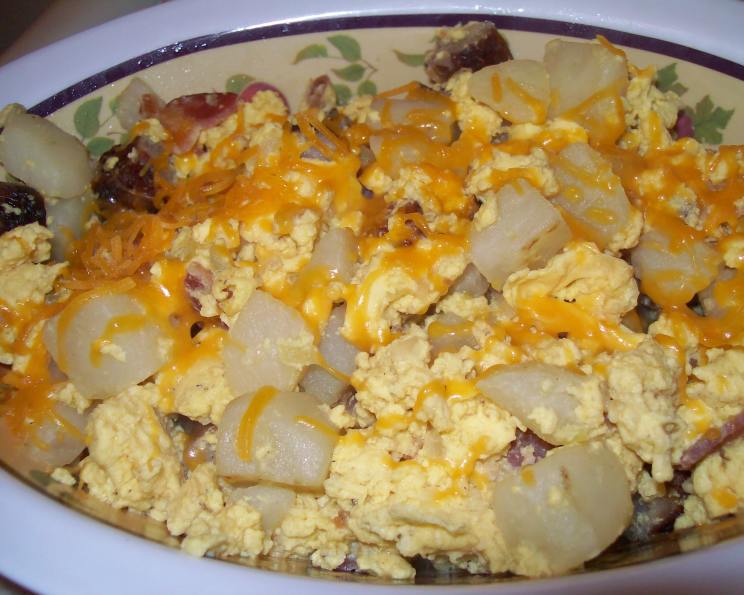 Scrambled Eggs/Bacon, Potatoes, Peppers and Onions and Sausage Recipe
