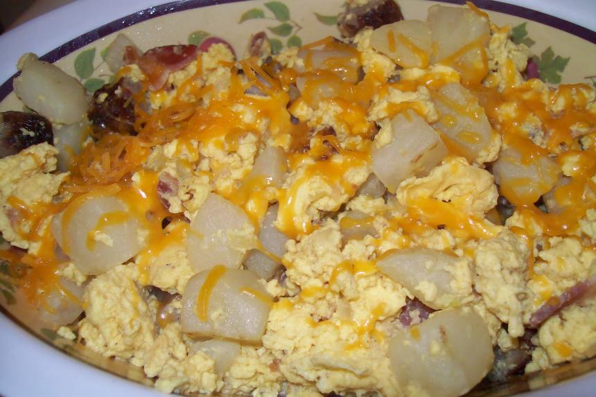Scrambled Eggs/Bacon, Potatoes, Peppers and Onions and Sausage Recipe ...