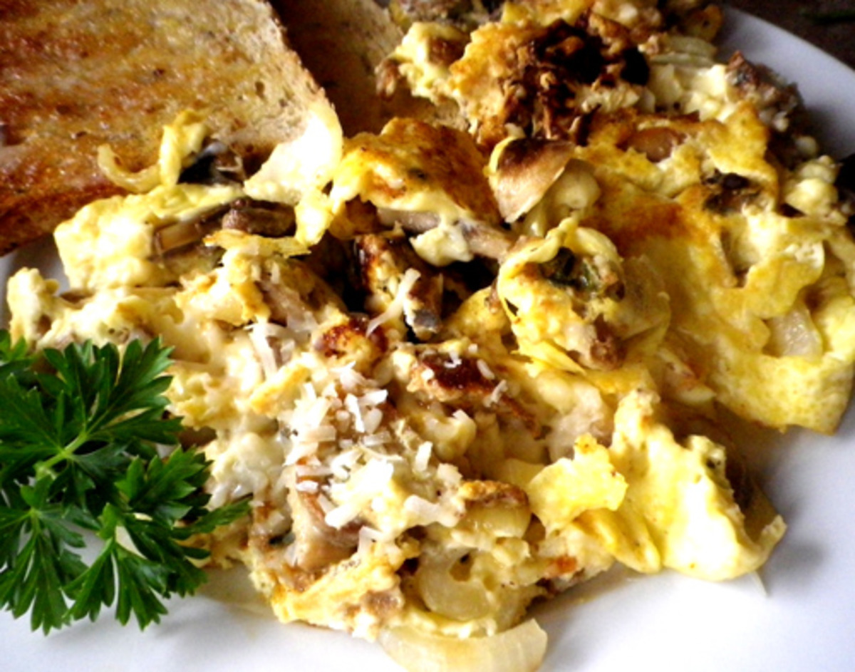 Scrambled Eggs With Mushrooms, Onions and Parmesan Cheese image