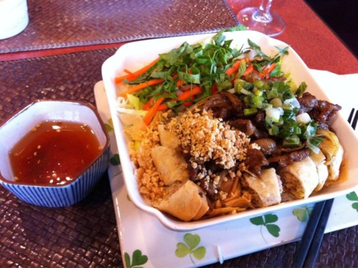 Rice Vermicelli Salad With Grilled Pork and Spring Rolls_image