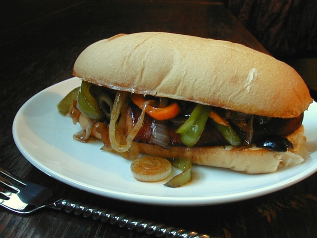 Sausage Sandwiches With Peppers, Onion and Olives image