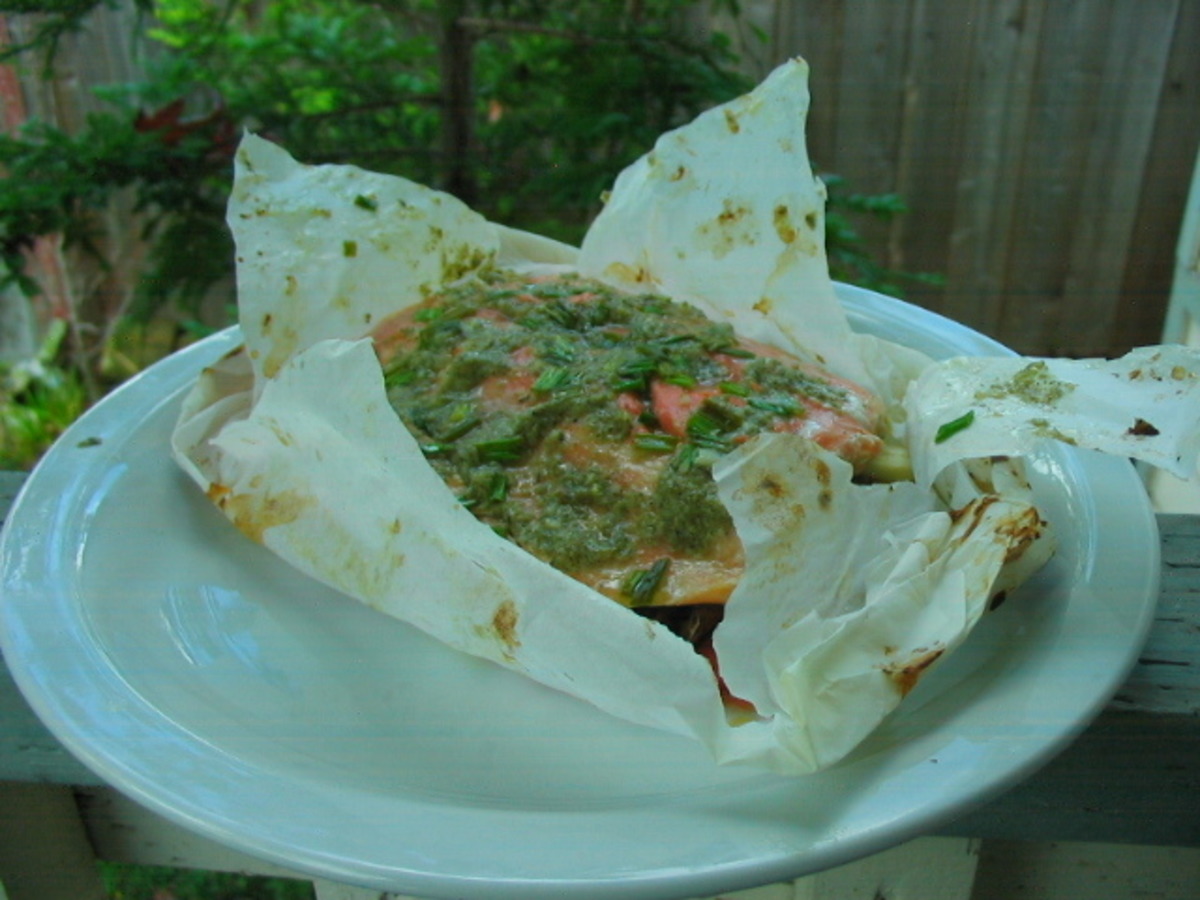 Salmon With Sage Butter & Root Vegetables in Parchment image