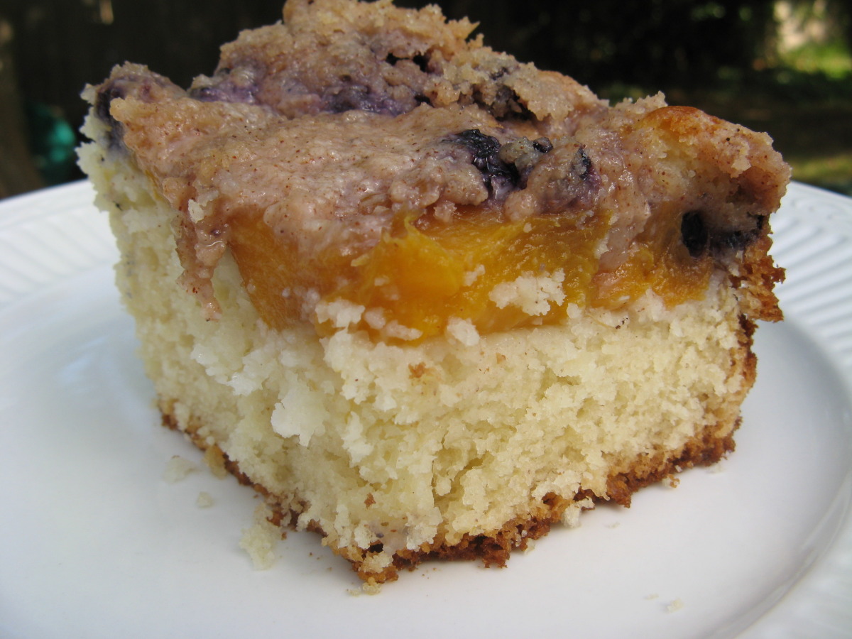 Blueberry Peach Coffee Cake Recipe Breakfast Food Com With your mixer on its lowest setting, gradually add the dry ingredients into the wet and let mix until a cohesive batter forms. blueberry peach coffee cake