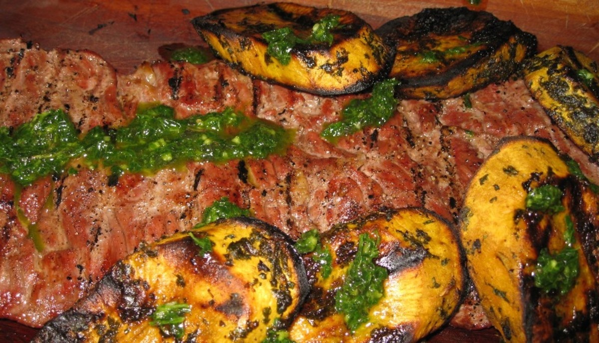 Grilled Skirt Steak and Sweet Potatoes With Herb Sauce Recipe