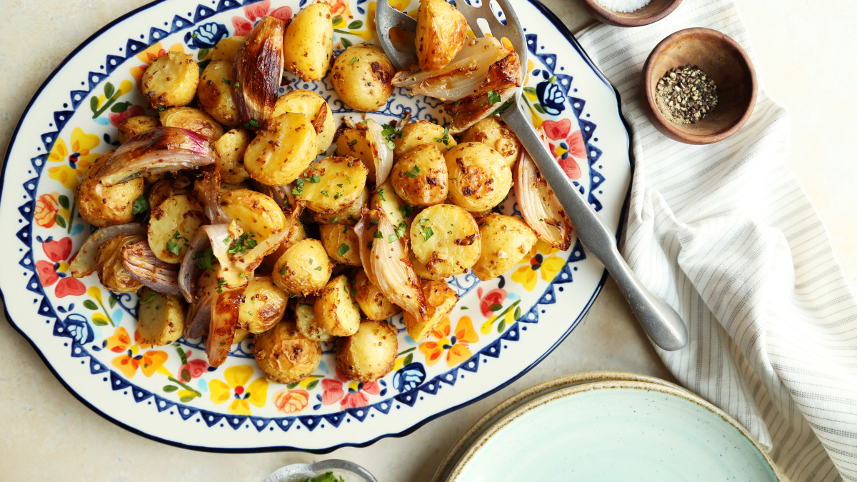 Turkey With Shallot-Mustard Sauce And Roasted Potatoes Recipe