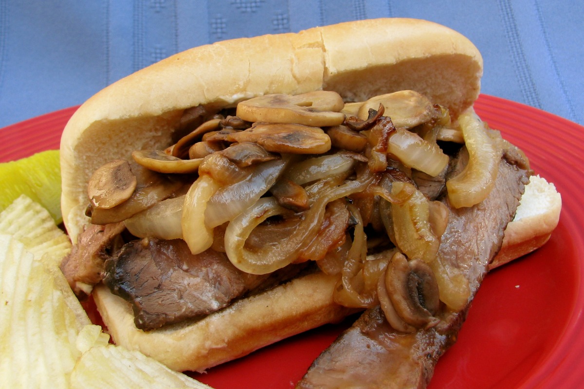 Grilled Steak Sandwich With Mushrooms and Caramelized Onions