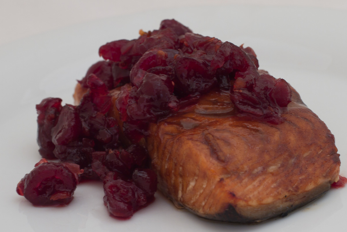 Cedar Planked Fresh Salmon Fillet With Spiced Cranberry Relish