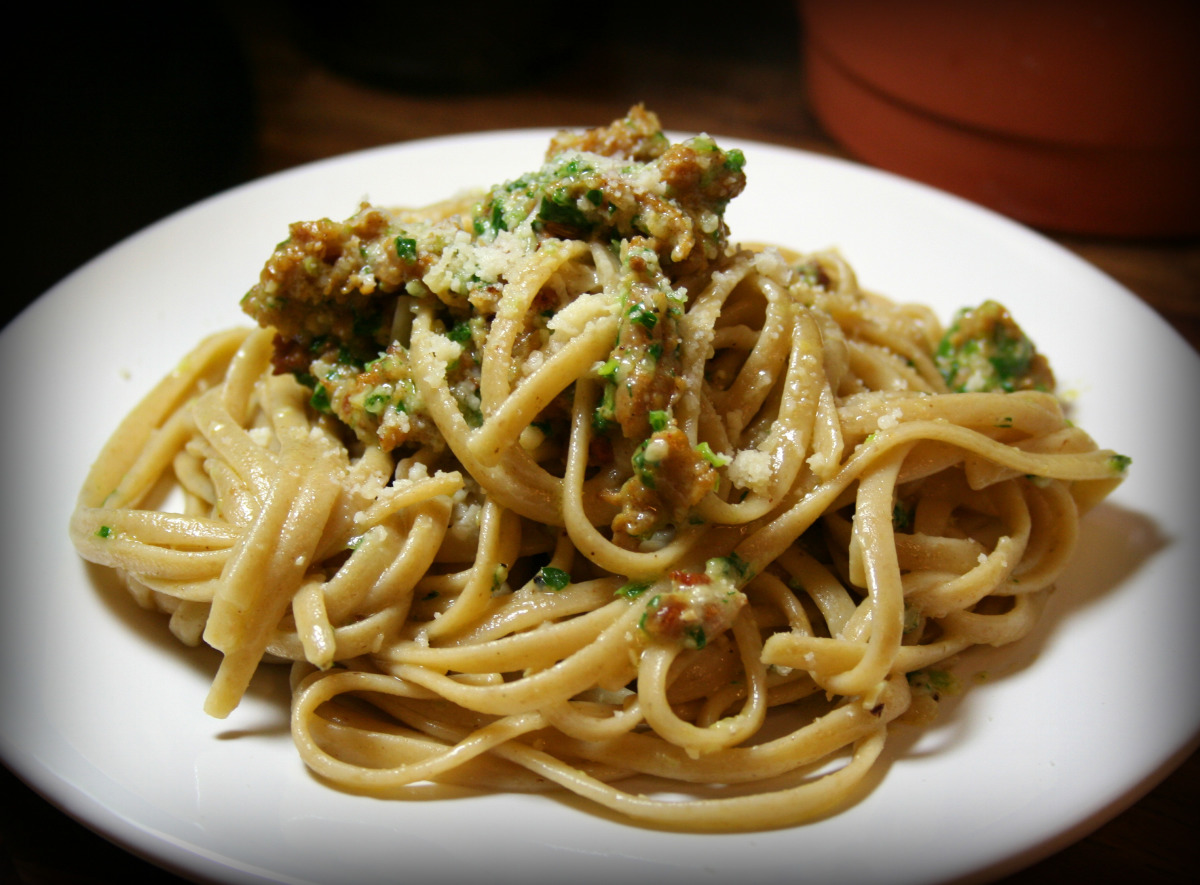 Linguine With Spicy Sausage and Scallion Sauce