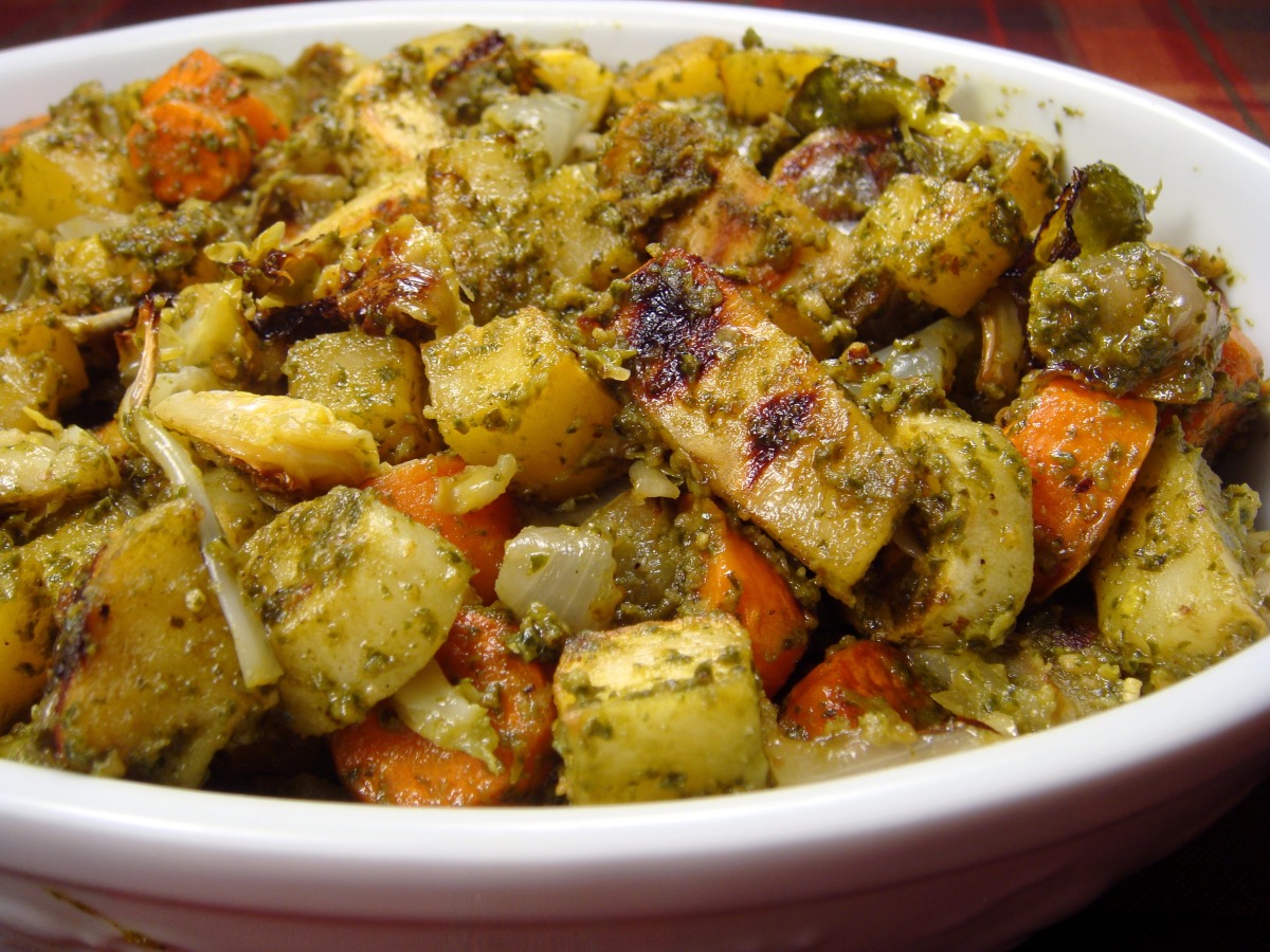 Roasted Root Vegetables With Walnut Pesto