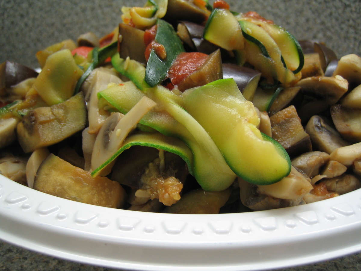 Zucchini Pasta With Mushrooms, Eggplant and Roasted Peppers image