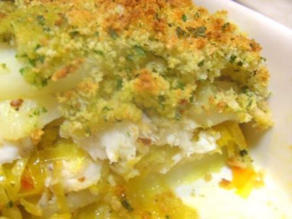 Layered Fish and Potato Pie With Saffron Leeks image