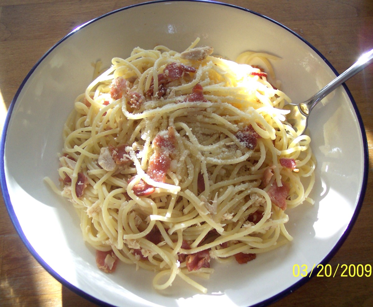 Tuna Bacon Pasta Fina Recipe Food Com Bacon carbonara pasta is an italian classic pasta dish with creamy egg sauce with noodles, pasta, eggs and bacon topped with parmesan cheese in 30 minutes. tuna bacon pasta fina
