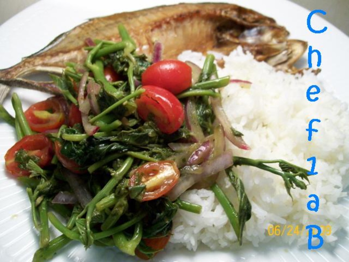 Filipino Spicy Sweet Potato Shoots Tomato Onion Salad Recipe
