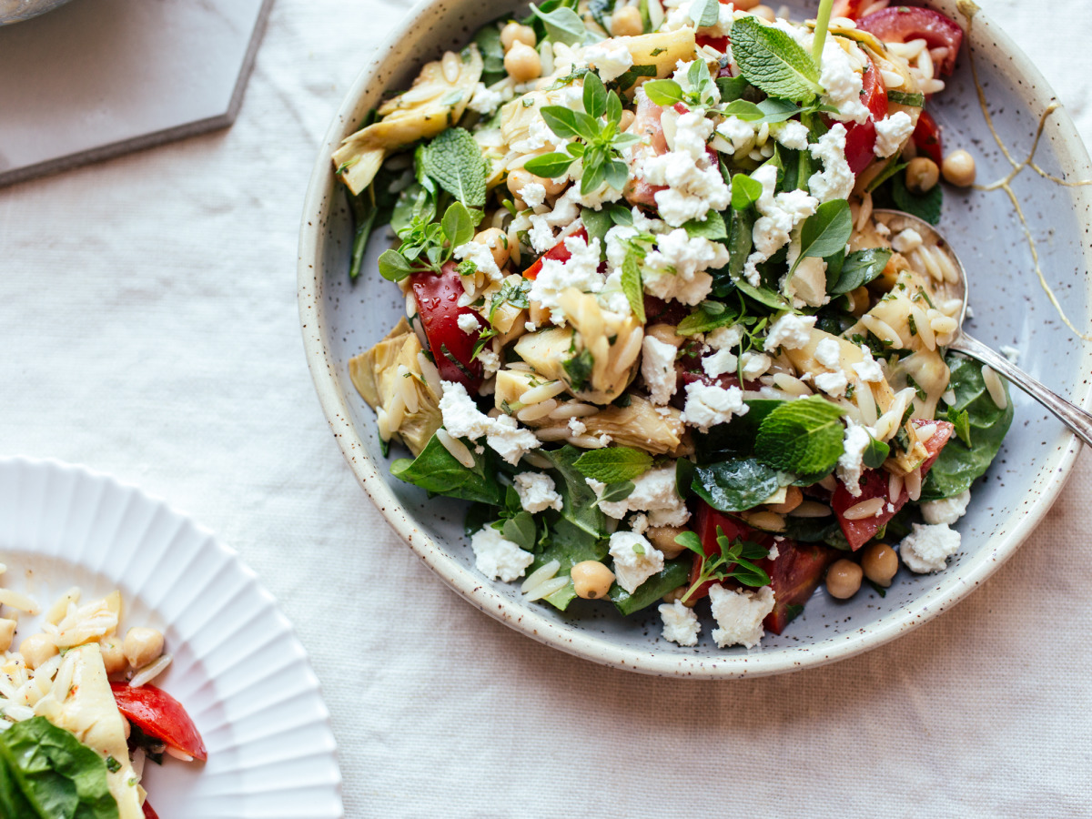 Greek Orzo Salad With Chickpeas & Artichoke Hearts image