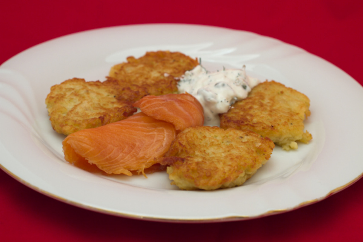 Parsnip Pancakes With Smoked Fish and Caper Sour Cream Recipe