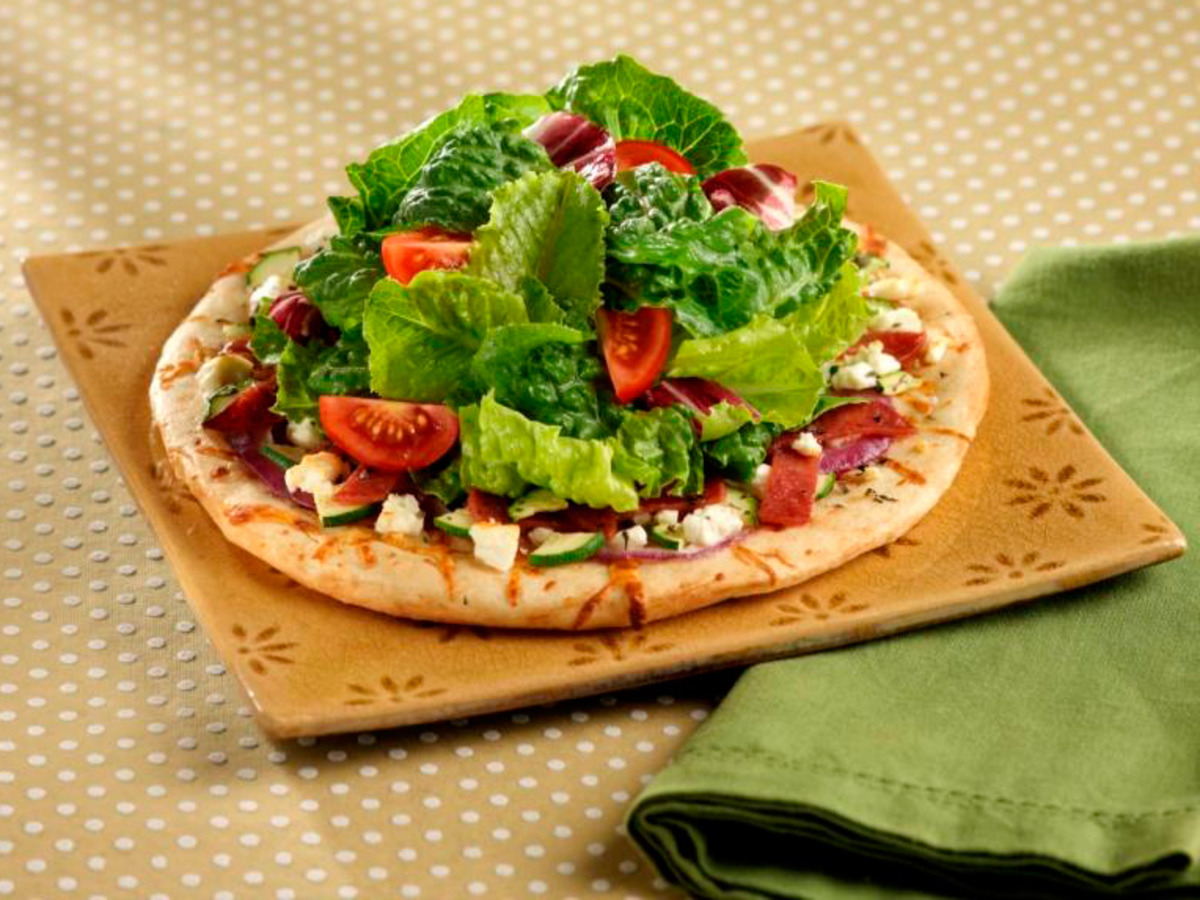 Light Salami and Feta Mini Pizzas With Tossed Greens image