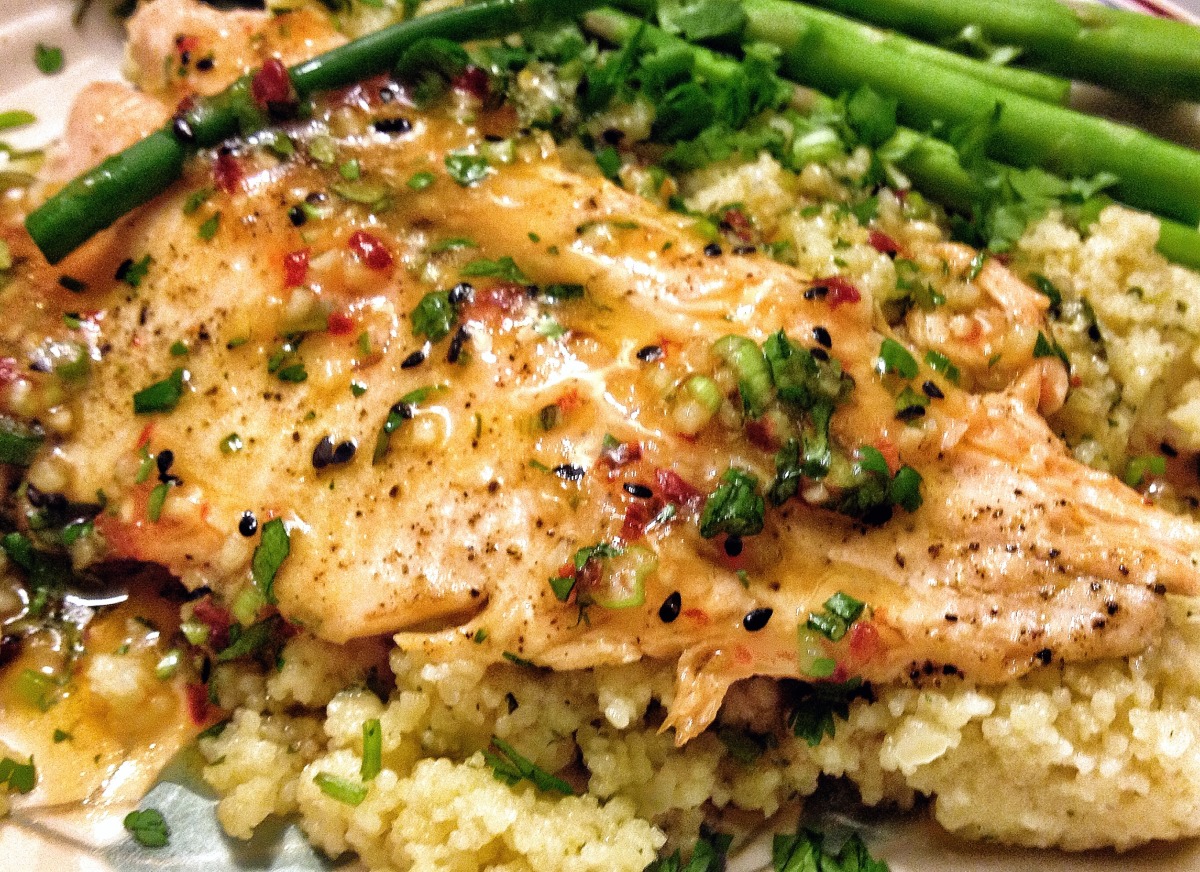 Crispy Golden Trout on Fragrant Basmati Rice W/Chile Vinaigrette