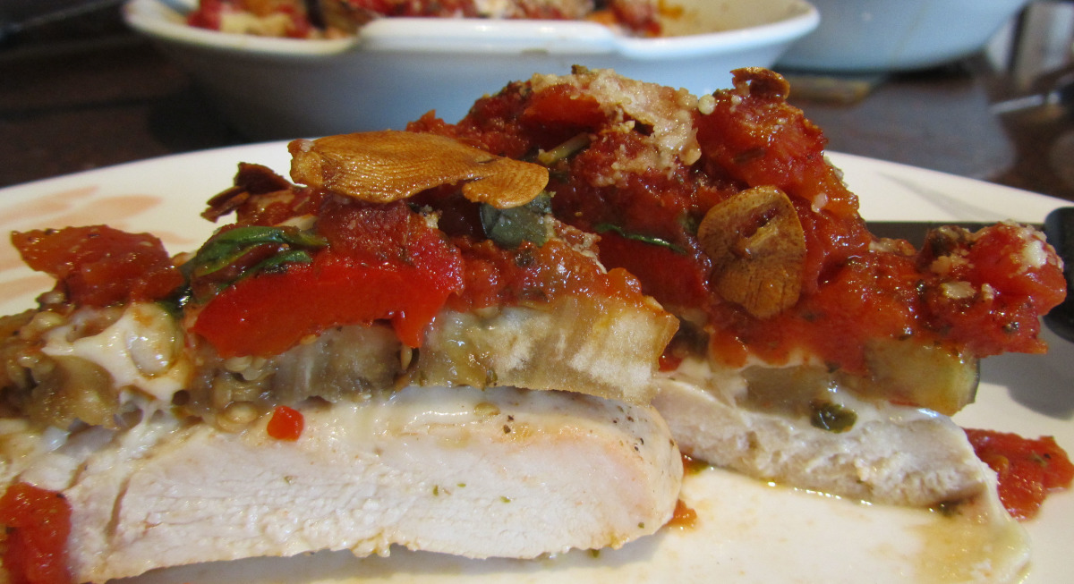 Garlic Infused Chicken, Eggplant and Roasted Red Peppers Stacks_image