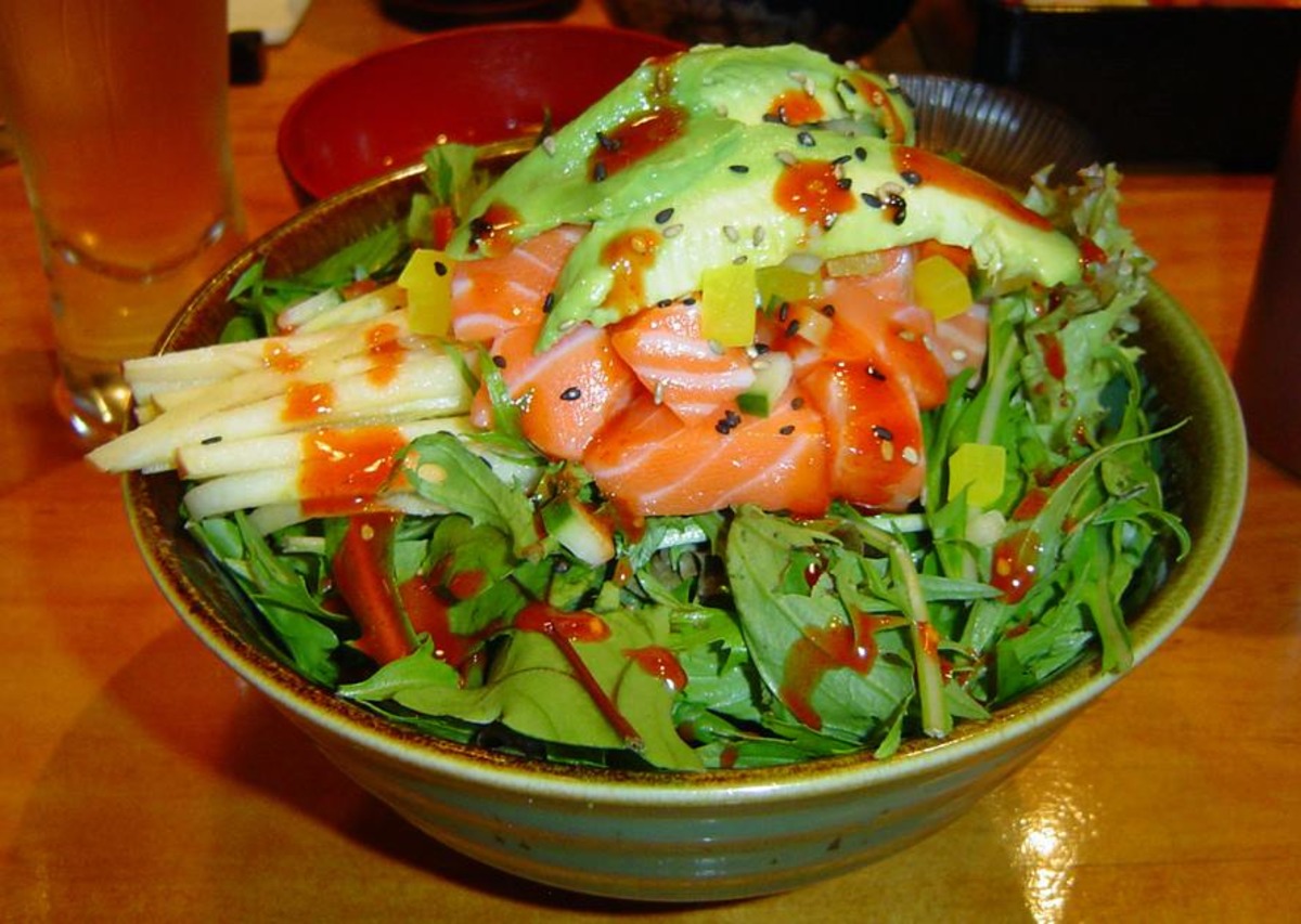 Sashimi Donburi Japanese Rice Bowl Topped With Salad And Raw