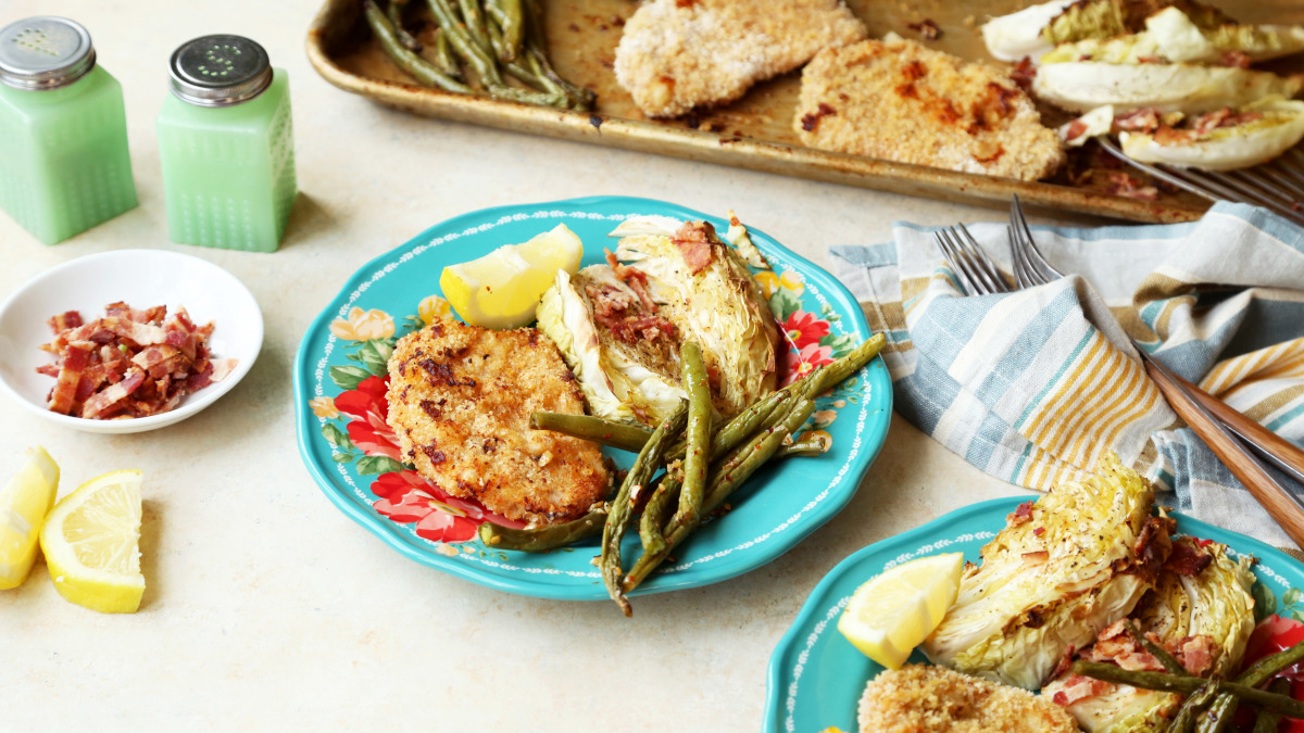 Sheet Pan Pork Milanese With Cabbage and Green Beans-image
