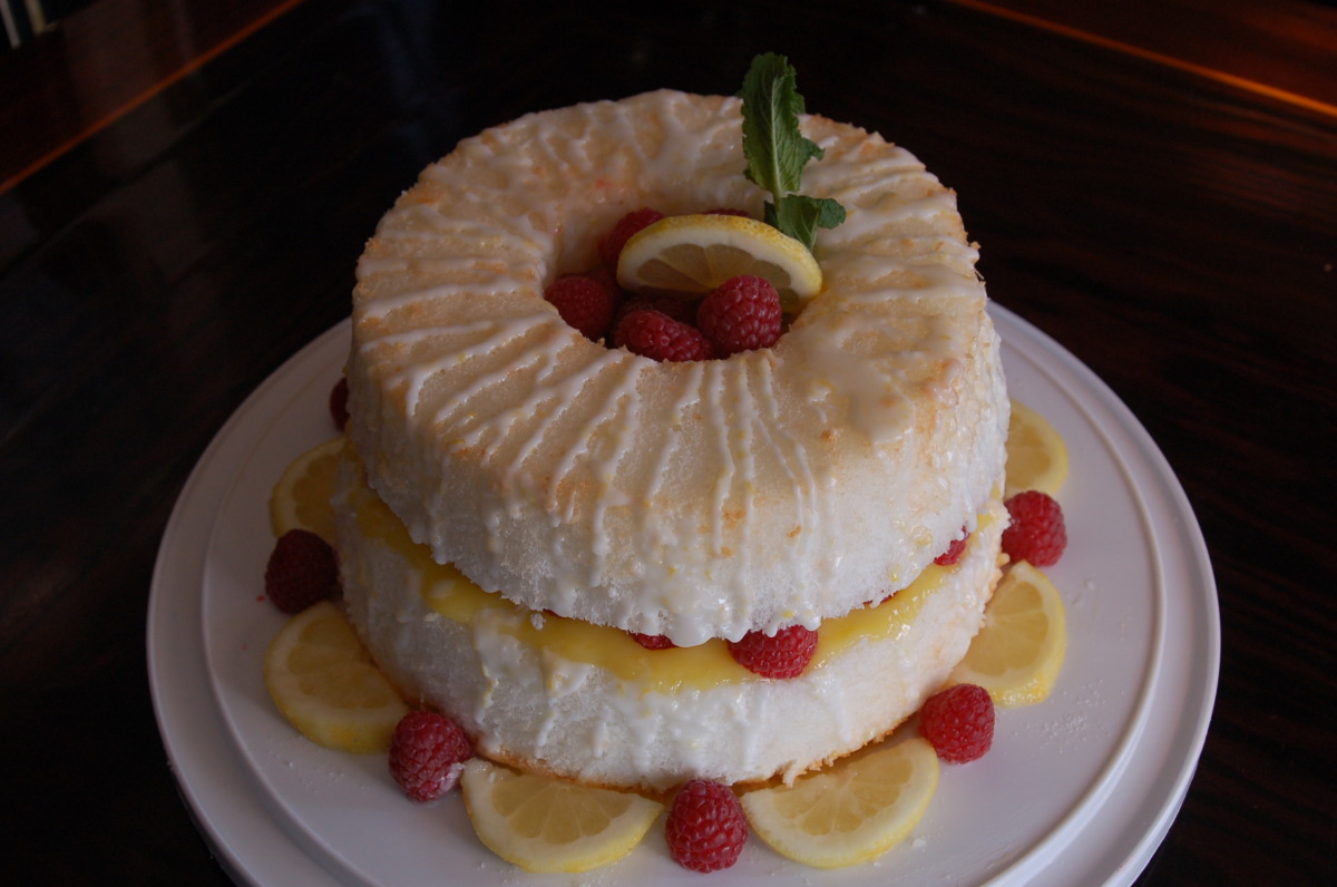 Lemon Angel Food Cake Filled With Lemon Curd and Fresh Raspberry