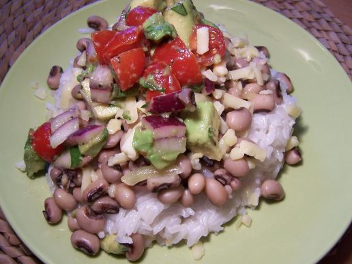 Black Eyed Peas with Coconut Rice and Avocado Salsa