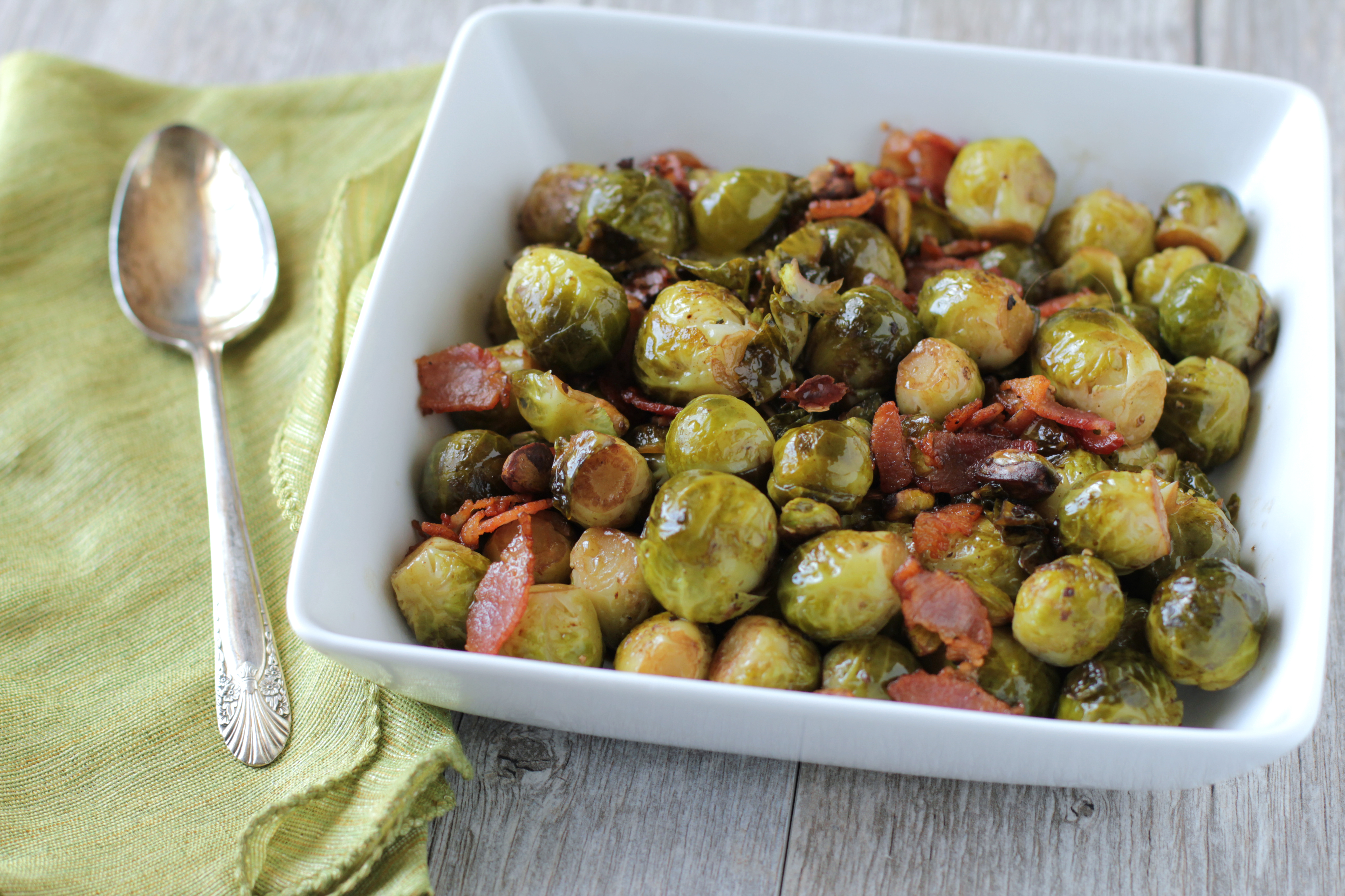 BRUSSELS SPROUTS WITH BACON, PISTACHIOS AND BALSAMIC VINEGAR