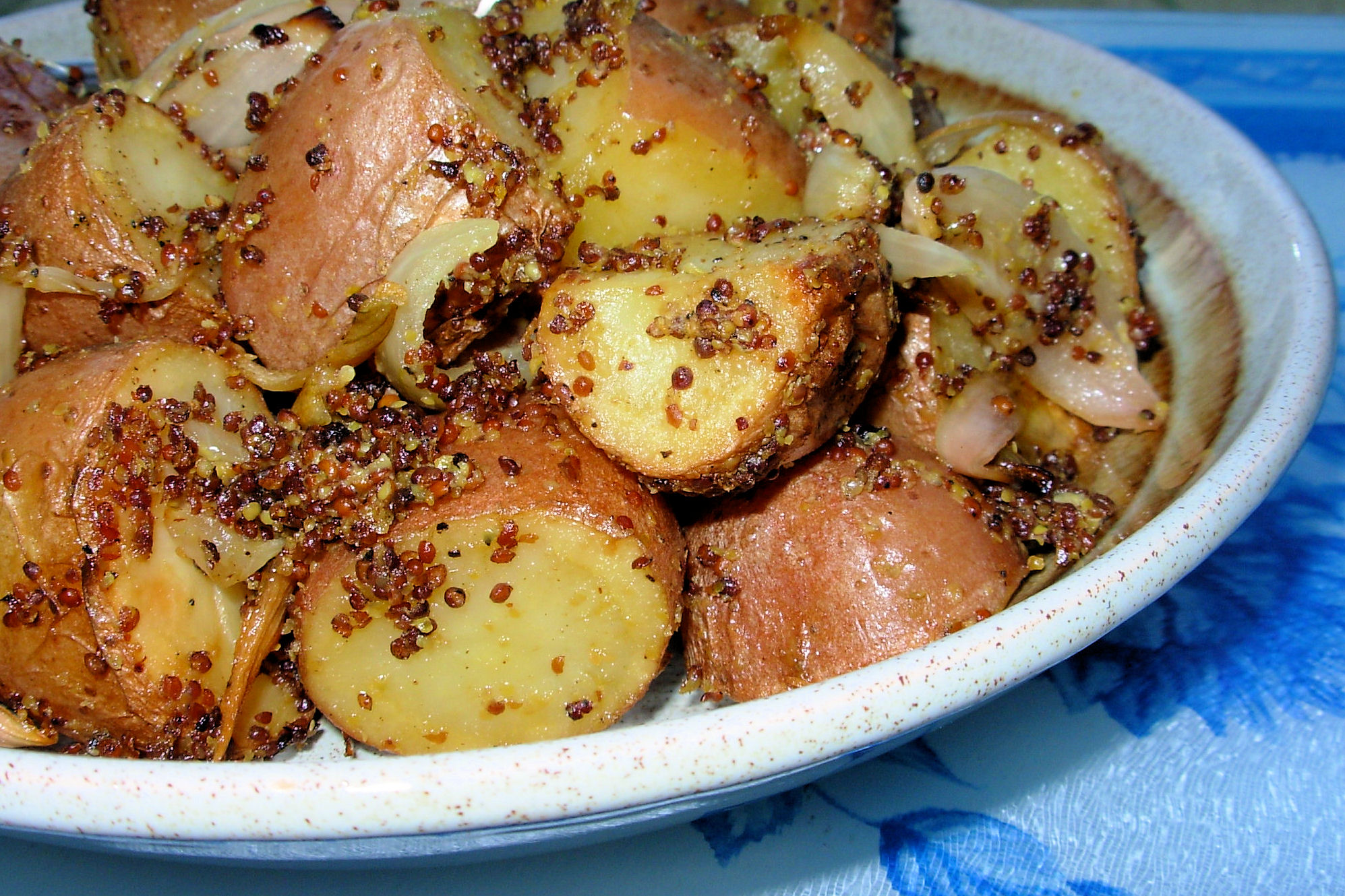 MUSTARD-CRUSTED ROAST NEW POTATOES WITH SHALLOTS AND GARLIC