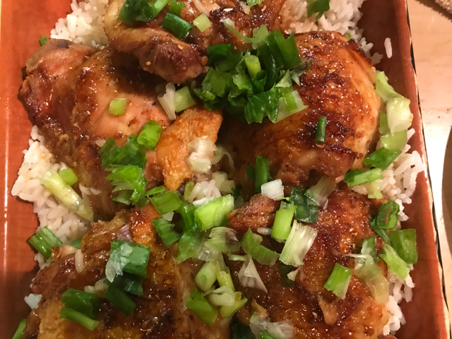 GINGER SCENTED HONEY HOISIN CHICKEN THIGHS WITH SESAME