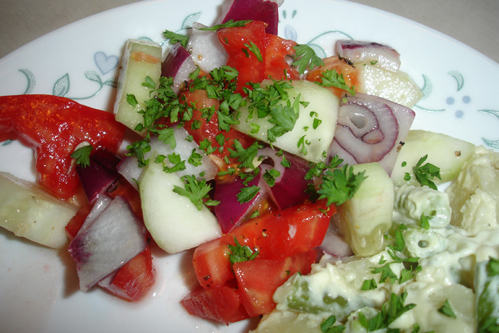 CUCUMBER, TOMATO AND RED ONION SALAD