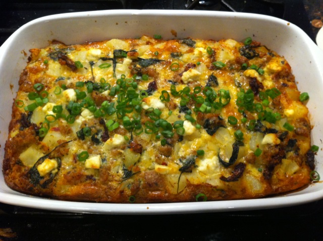 POTATO STRATA WITH SPINACH, SAUSAGE AND GOAT CHEESE