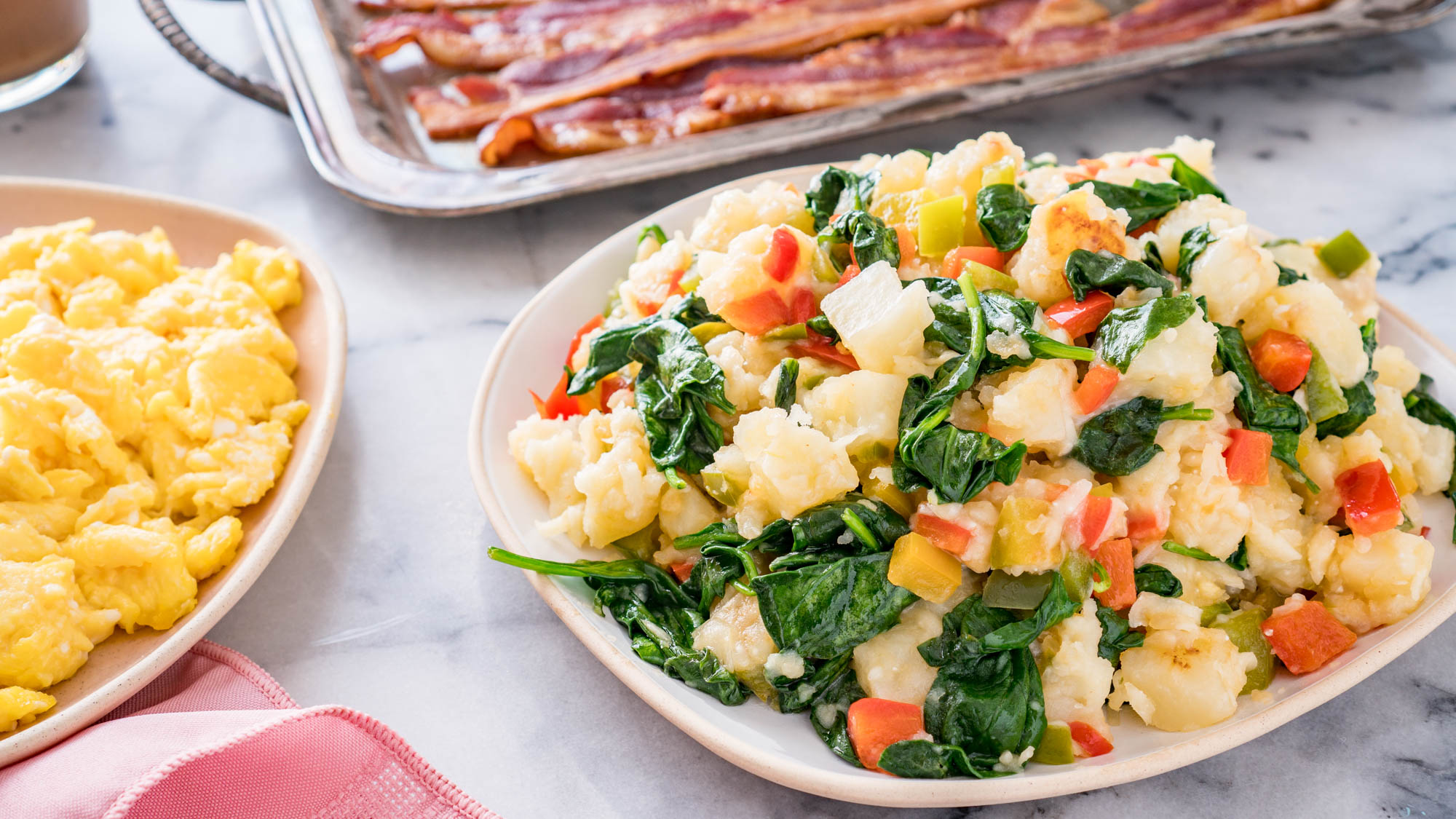 Cheesy Home Fries With Spinach & Peppers