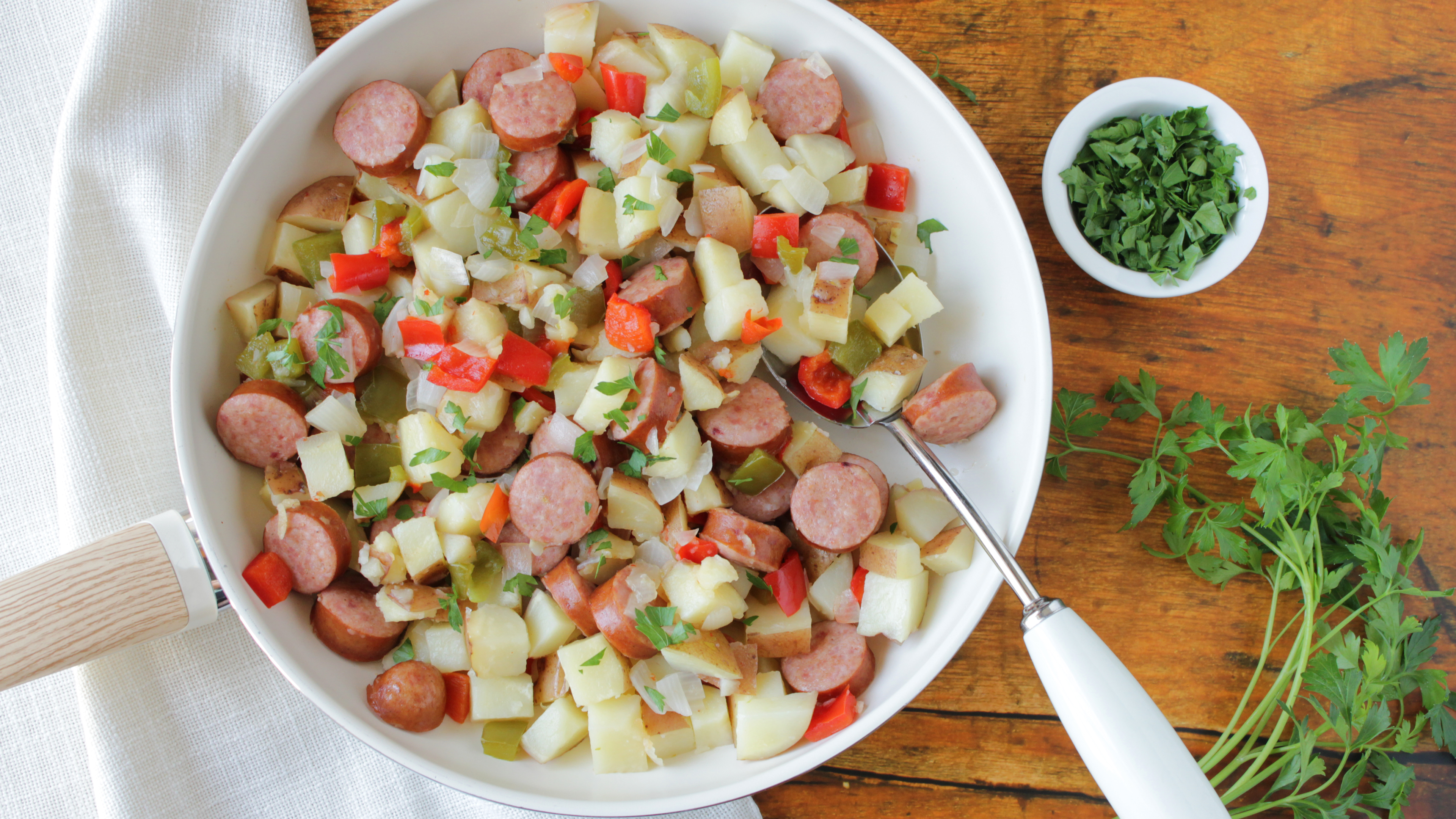 SMOKED SAUSAGE, TATERS, PEPPERS AND ONIONS COUNTRY STYLE