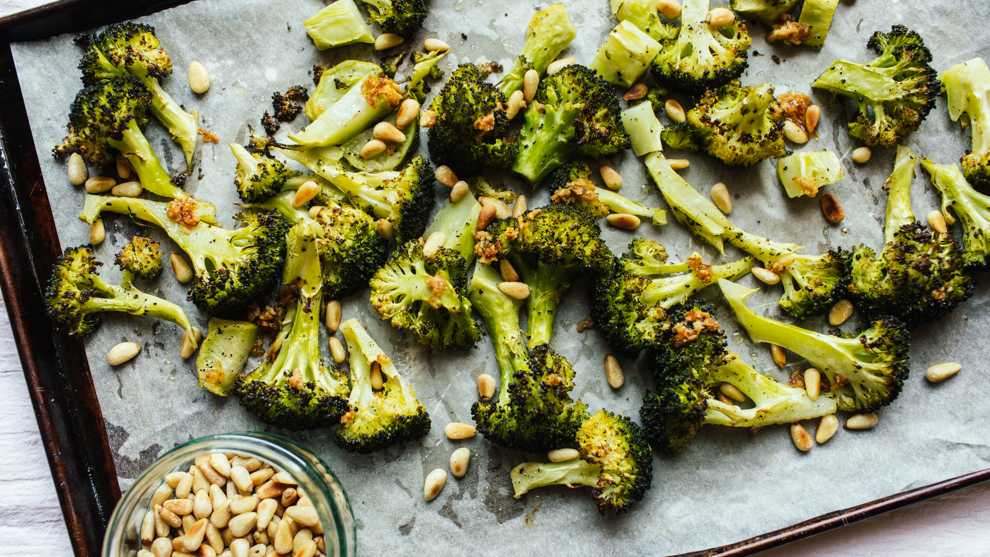 ROASTED BROCCOLI W LEMON GARLIC & TOASTED PINE NUTS