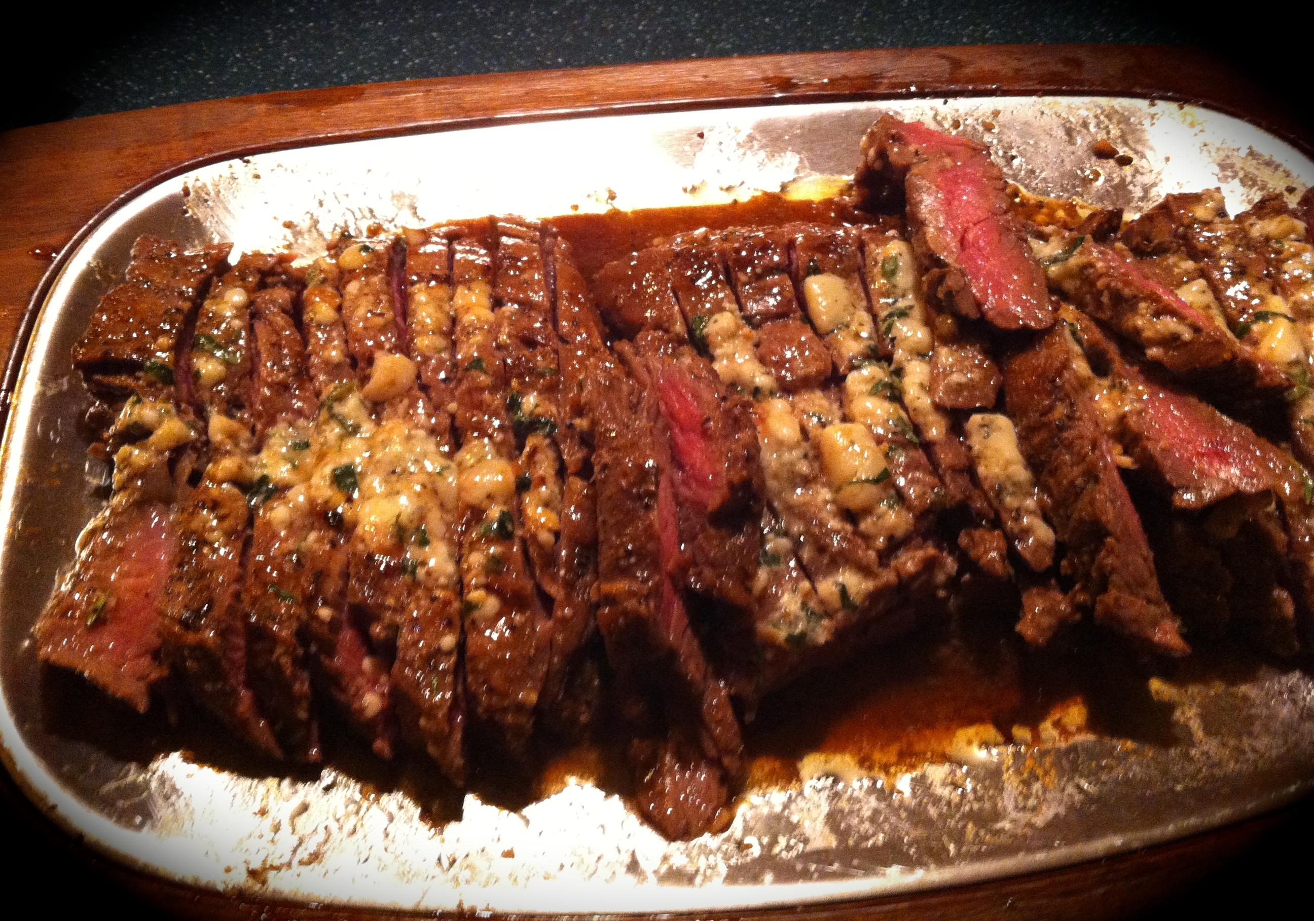 MARINATED FLANK STEAK WITH BLUE CHEESE SCHMEAR