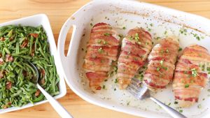 Philly Bacon Wrapped Chicken With Fried Green Beans Recipe Food Com Breaded chicken breast, bacon, lettuce, tomato, buffalo sauce, ranch dressing and served with fries. philly bacon wrapped chicken with fried green beans