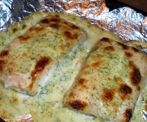 Oven Poached Salmon With Dill Sauce Recipe Genius Kitchen Photo By Bergy