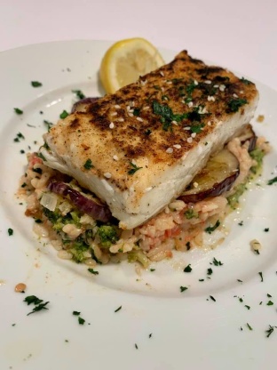 Seared Chilean Sea Bass With Shallot-Tomato-Broccoli Risotto