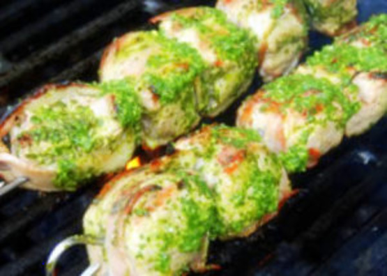 Bacon-Wrapped Pork Medallions With Electric Chimichurri Sauce Recipe ...