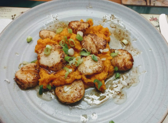 Brown Butter Sea Scallops with Ginger Sweet Potatoes