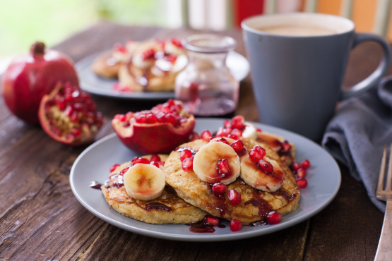 Oatmeal & Banana Pancakes With Pomegranate Syrup