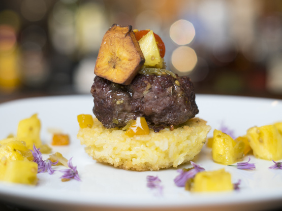 Goat Sliders on Scallion Rice Cakes