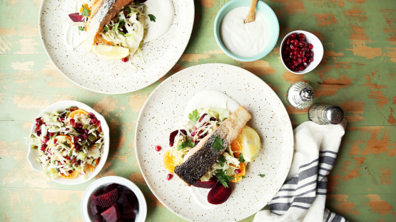 Perfectly Cooked Salmon With Fruit Slaw