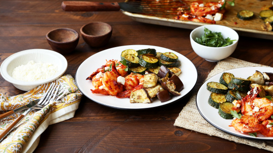 Sheet Pan Harissa Shrimp With Roasted Zucchini & Eggplant