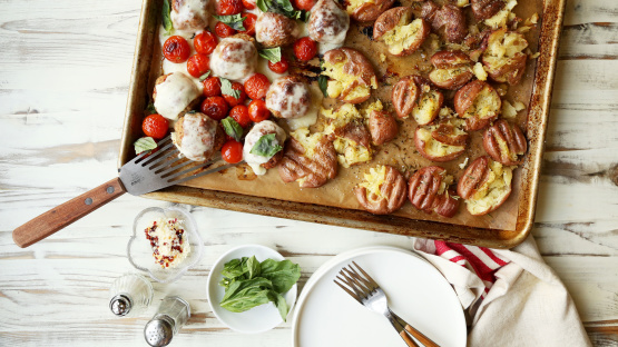 Turkey Caprese Meatballs & Rosemary Smashed Potatoes