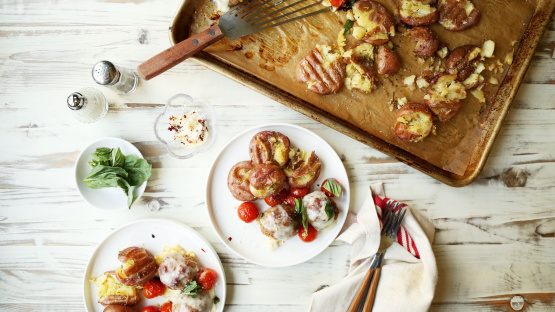 Sheet Pan Turkey Caprese Meatballs With Rosemary Smashed Potatoes