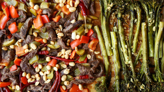 Kung Pao Beef With Roasted Garlic Broccolini