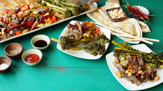 Sheet Pan Kung Pao Beef With Roasted Garlic Broccolini